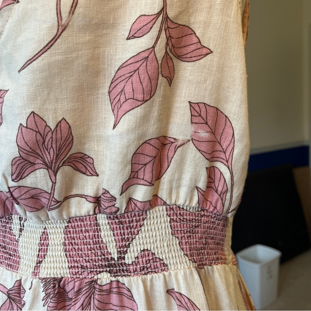 Cynthia Rowley 100% Linen Floral Midi Dress Pink Tan A-Line Size 6 Pockets - Picture 4 of 5